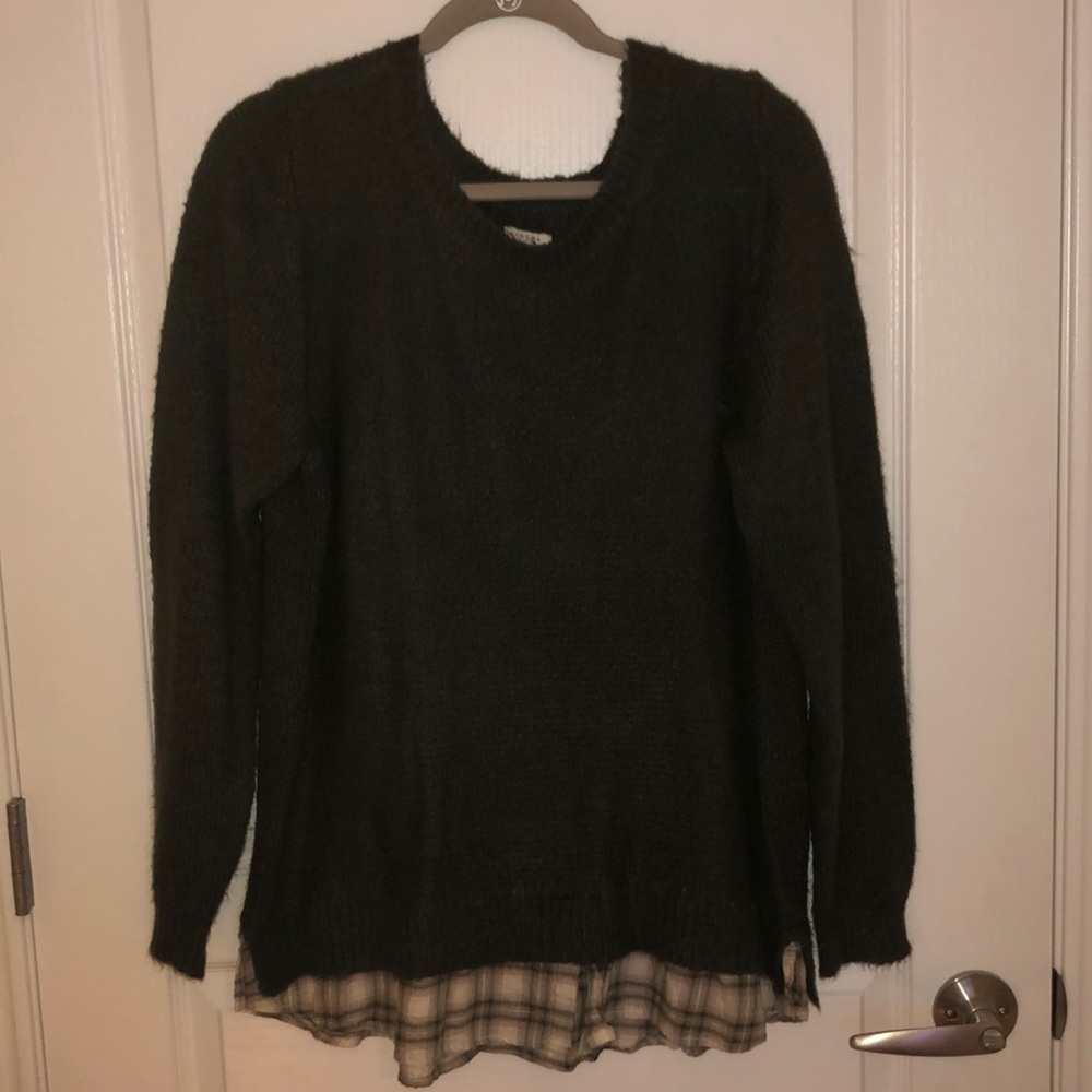 Olive green sweater with plaid trim